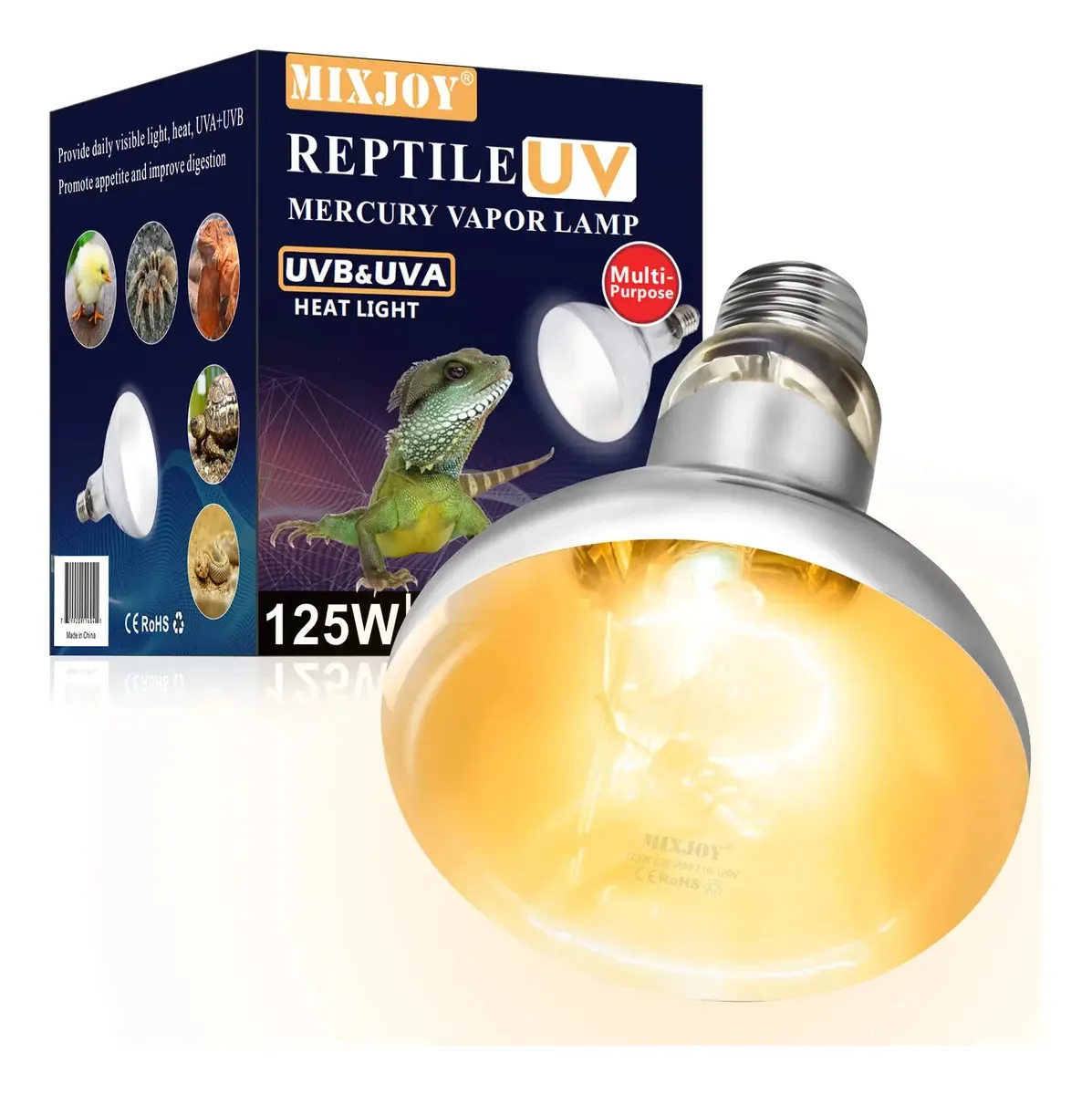 Mixjoy Lâmpada de Calor para Répteis de 125 W, Alta Intensidade, Autobalanceada UV/calor Vapor de Mercúrio, Luz Solar de Espectro Completo UVA UVB para Uso em Répteis e Anfíbios