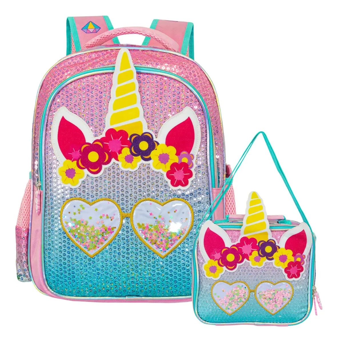 Mochila escolar 16+ T-go Lunchbox para meninas unicórnios com lantejoulas