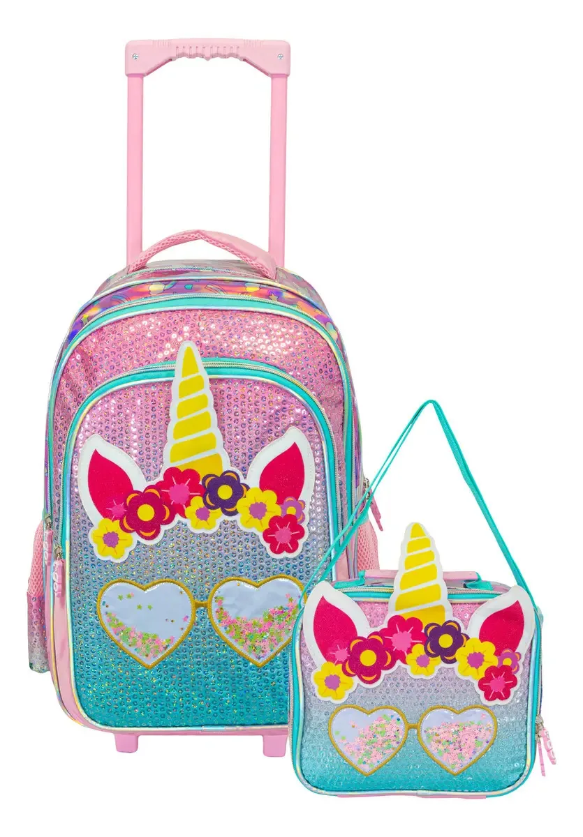 Mochila School Trolley e lancheira T-go para meninas unicórnios com lantejoulas