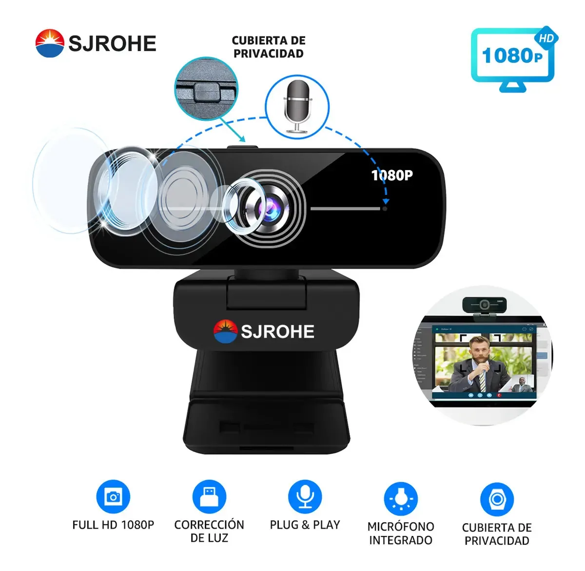 Webcam para PC Sjrohe® 1080p com microfone Câmera Web com foco automático Periféricos de PC sem drivers aplicáveis a todos os tipos de aplicativos Cor preta aplicável à videoconferência