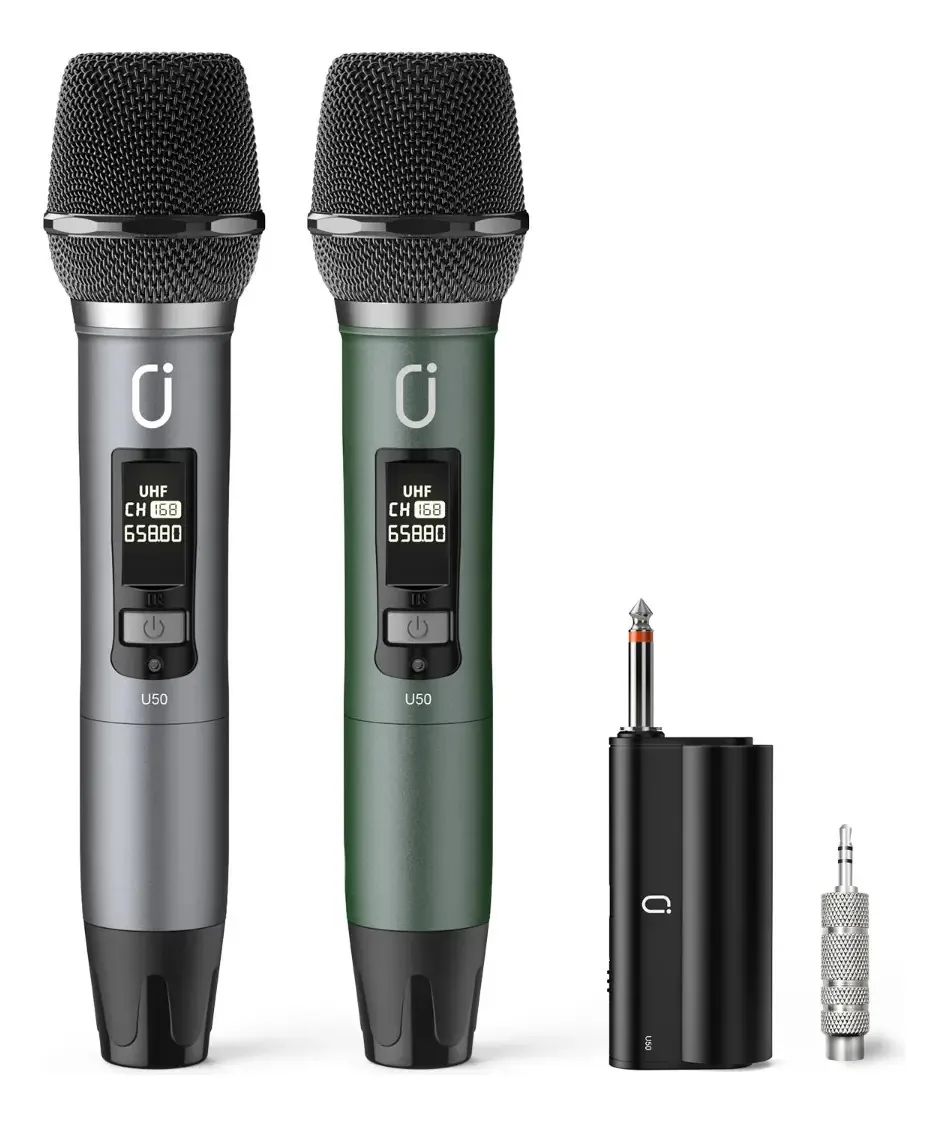 Microfones sem fio duplos recarregáveis UHF Jyx U50 - cinza