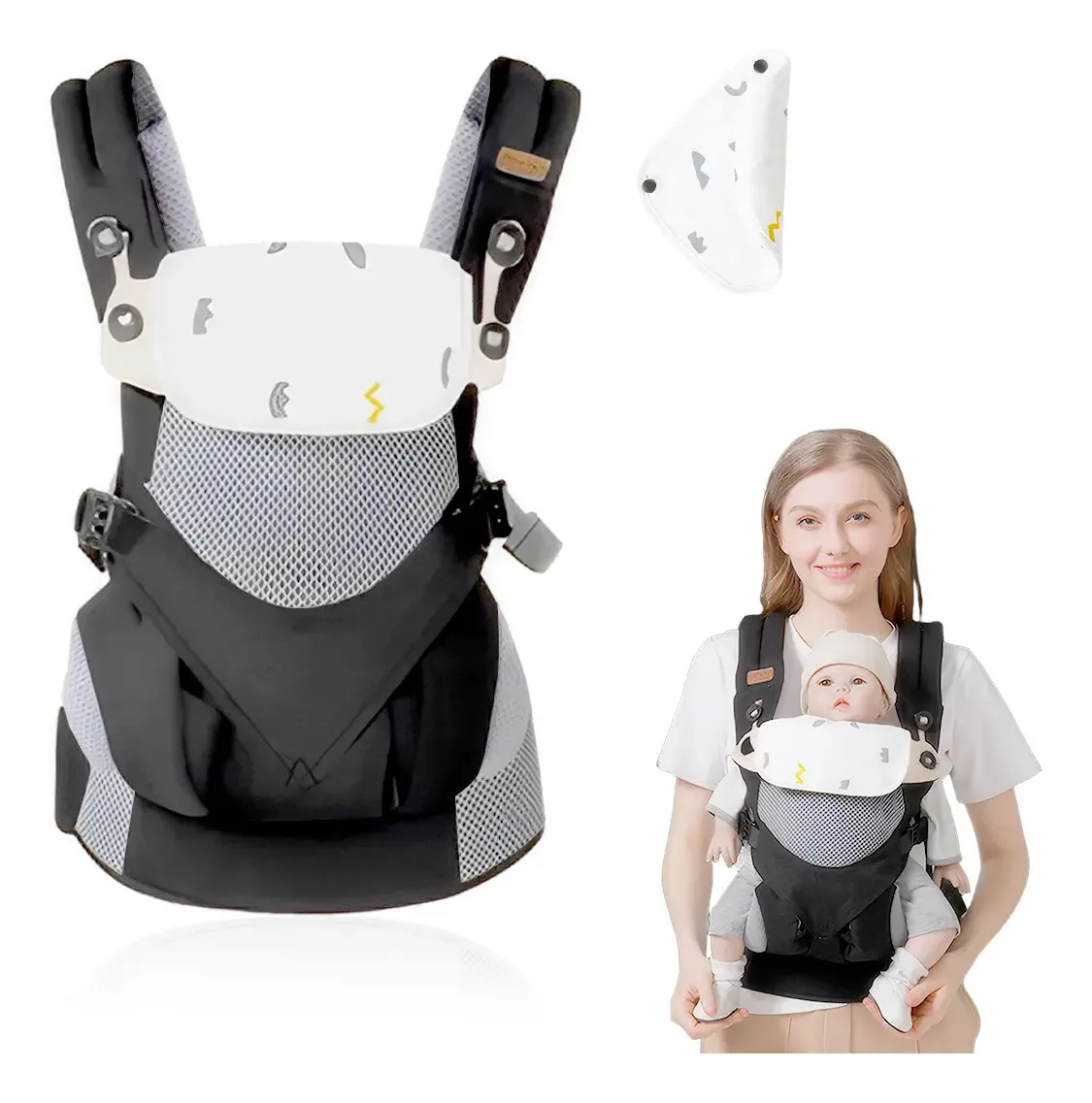 Bolsa de cintura para bebês Tethram®, carrinho de bebê ergonômico, cangurus, assento portátil ergonômico, leve e respirável, algodão puro com suporte de cintura - preta