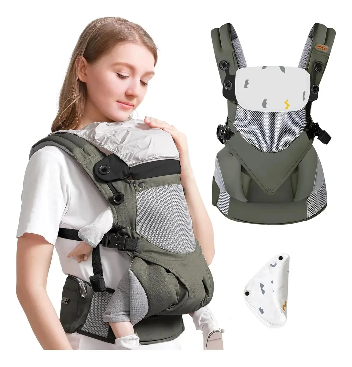 Bolsa de cintura para bebês Tethram®, carrinho de bebê ergonômico, cangurus, assento portátil ergonômico, leve e respirável, algodão puro com suporte de cintura - verde