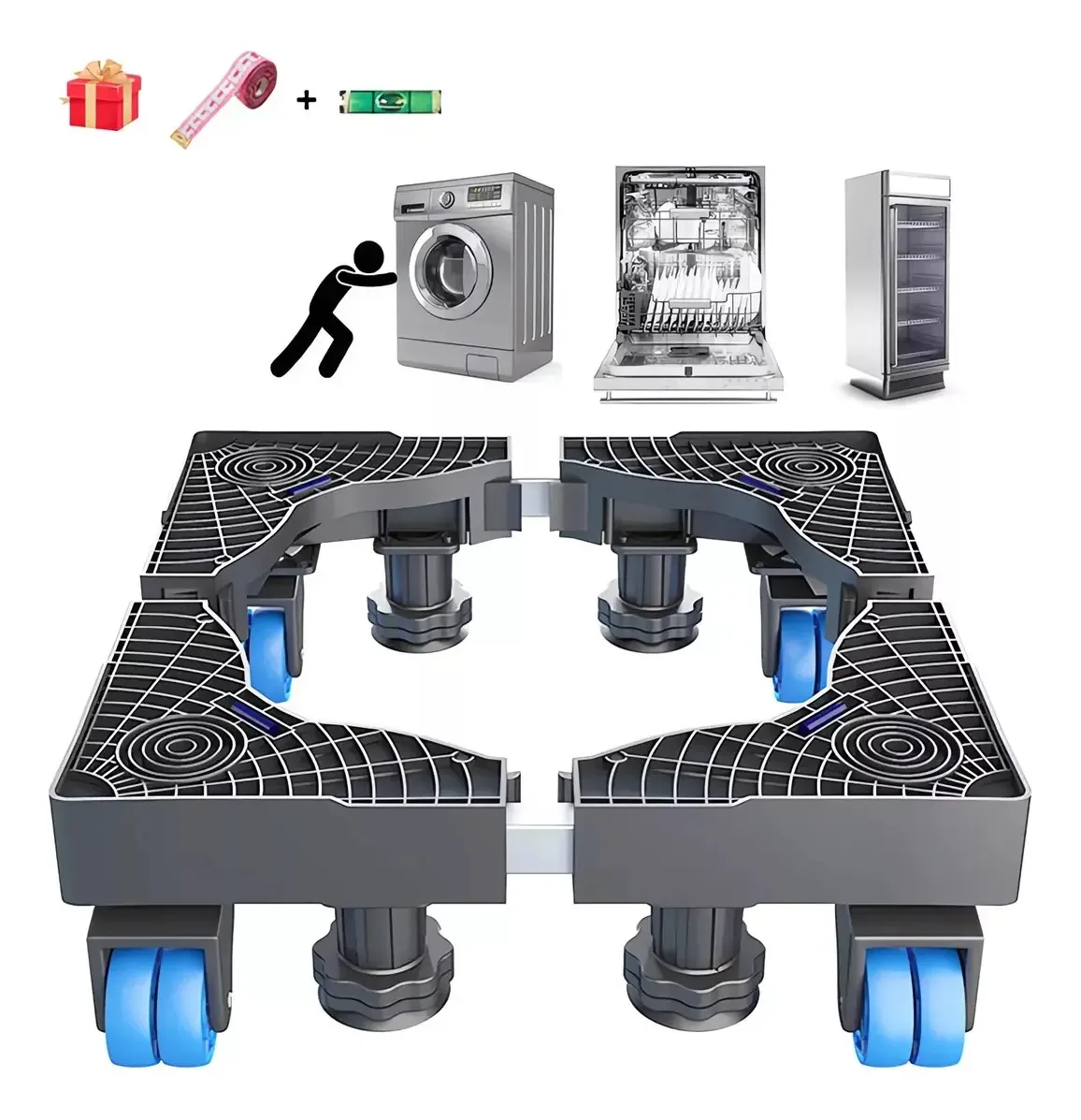 Suportes e armários móveis ajustáveis para máquinas de lavar Cuentacushop. Ideal para bases de máquinas de lavar, tambores pulsantes, prateleiras, rodas e suportes de geladeira ©