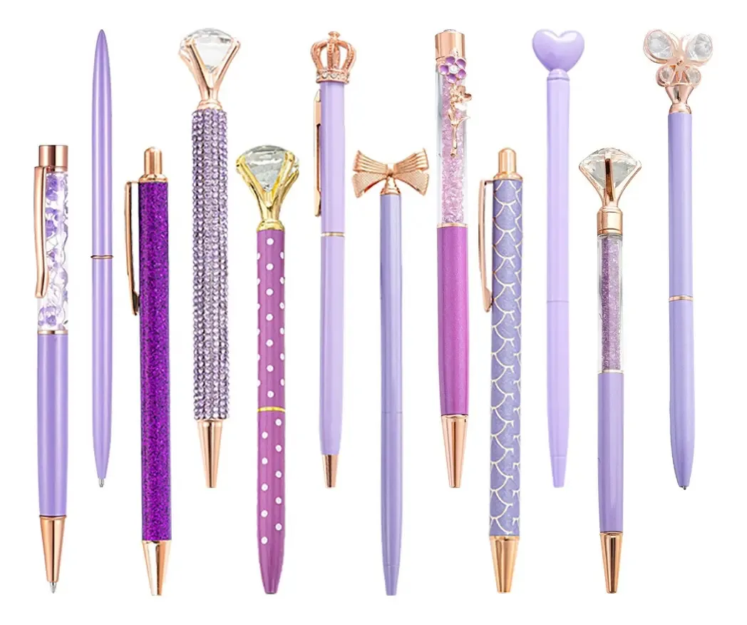 12 canetas, canetas, canetas esferográficas retráteis, diamante, brilho externo, violeta