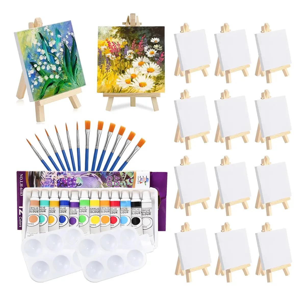 12 mini cavaletes para pintar crianças, com 12 tintas acrílicas brancas