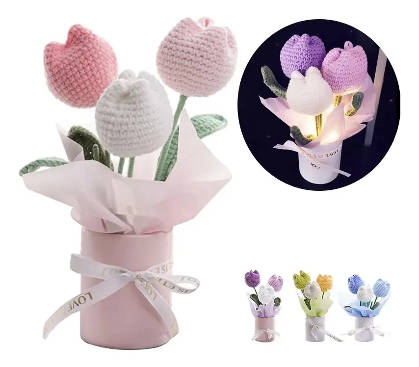 Buquê de tulipas de crochê tricotado,