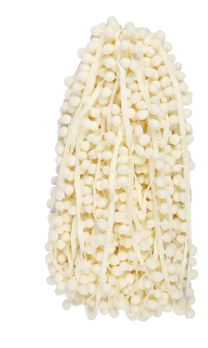 Franjas de Bola com Pompons Marfim para Costurar 1 Polegada