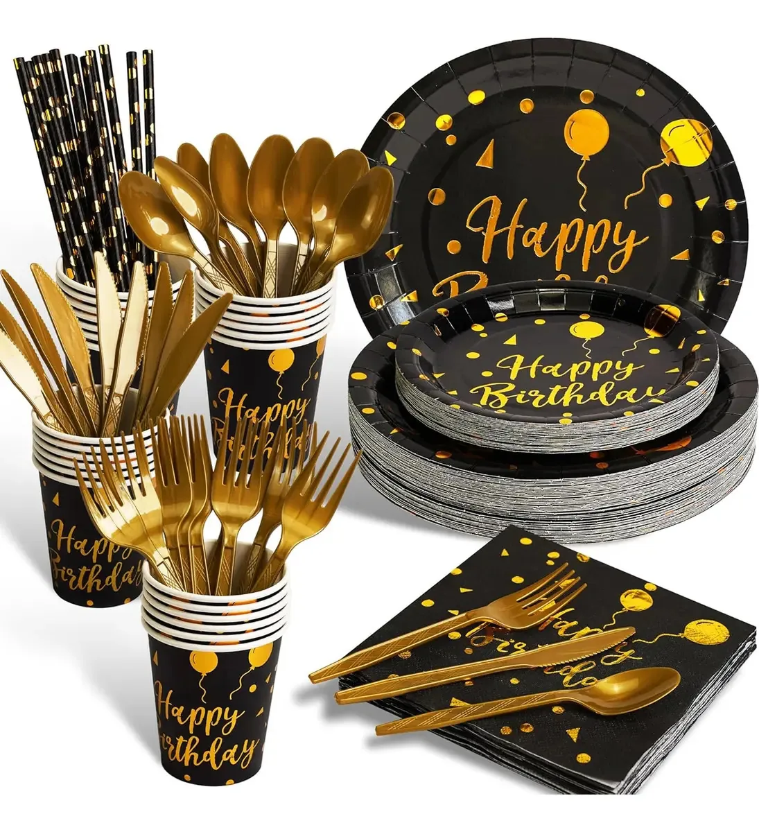 Kits de talheres descartáveis Edgnbshop de 200 unidades para festas, 25 pessoas, preto e dourado