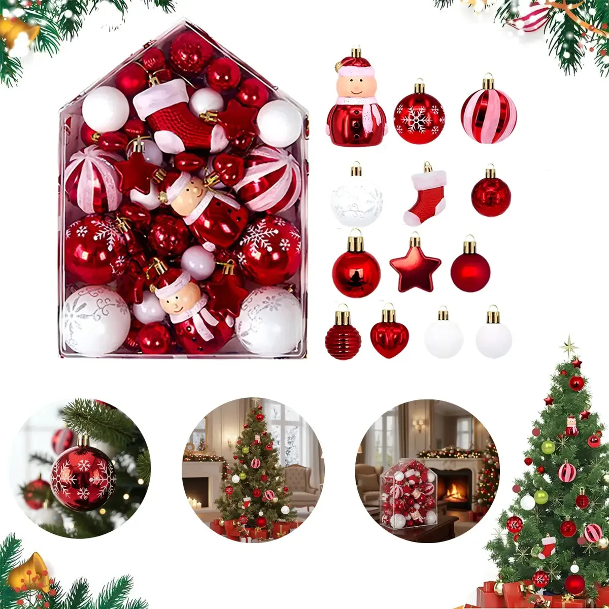 Welago® 72 peças de esferas de Natal, tintas, cores e enfeites para árvores vermelhas e brancas