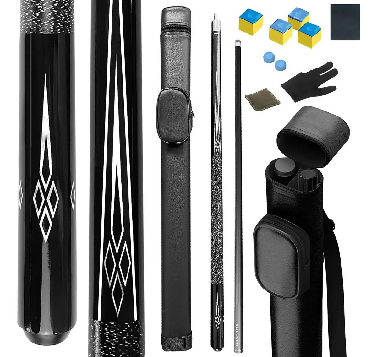 Taco de bilhar profissional removível de fibra de carbono de 145 cm, inclui taco de bilhar*1, caixa de taco de bilhar*1, chocolate em pó*4, ponta de couro*2, luva*1, pano de taco*1, lixa *1, lixa...