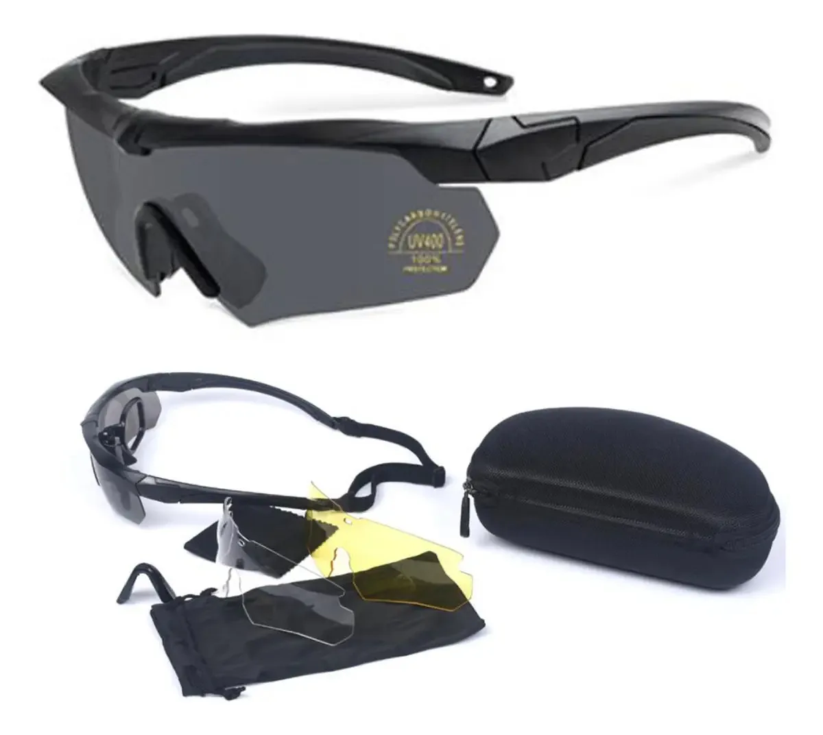3 lentes e óculos táticos militares de mica, pretos