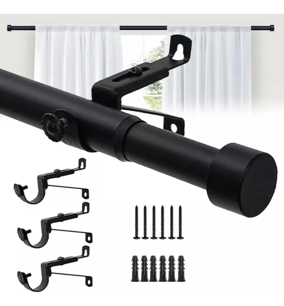 Barra extensível: comprimento mínimo de 80 cm, comprimento máximo de 2,1 m, barra de cortina retrátil Fouortunate-Bee, cor preta