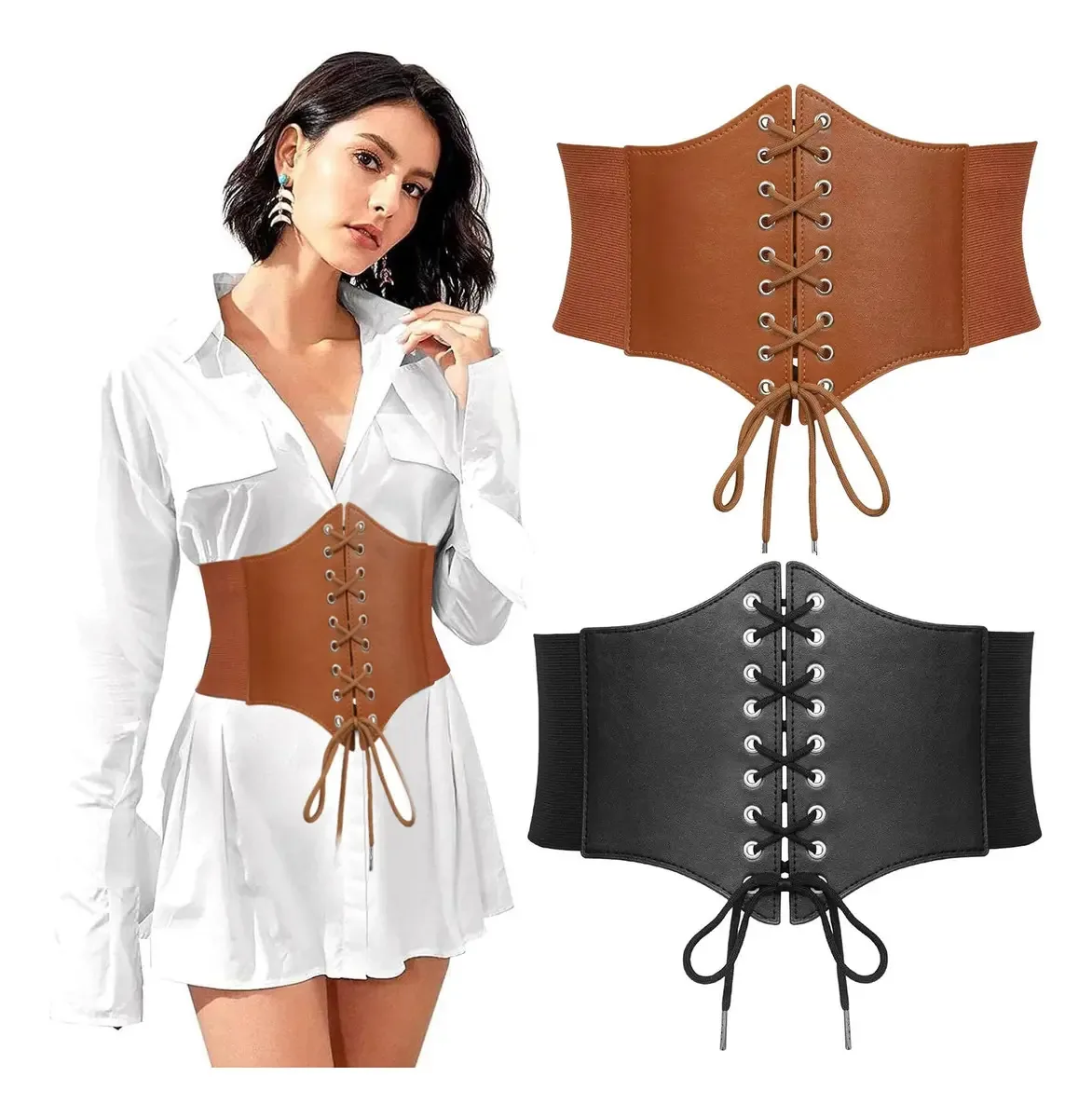 Elegante cinto elástico largo para vestidos, 2 peças, cor marrom, tamanho 73