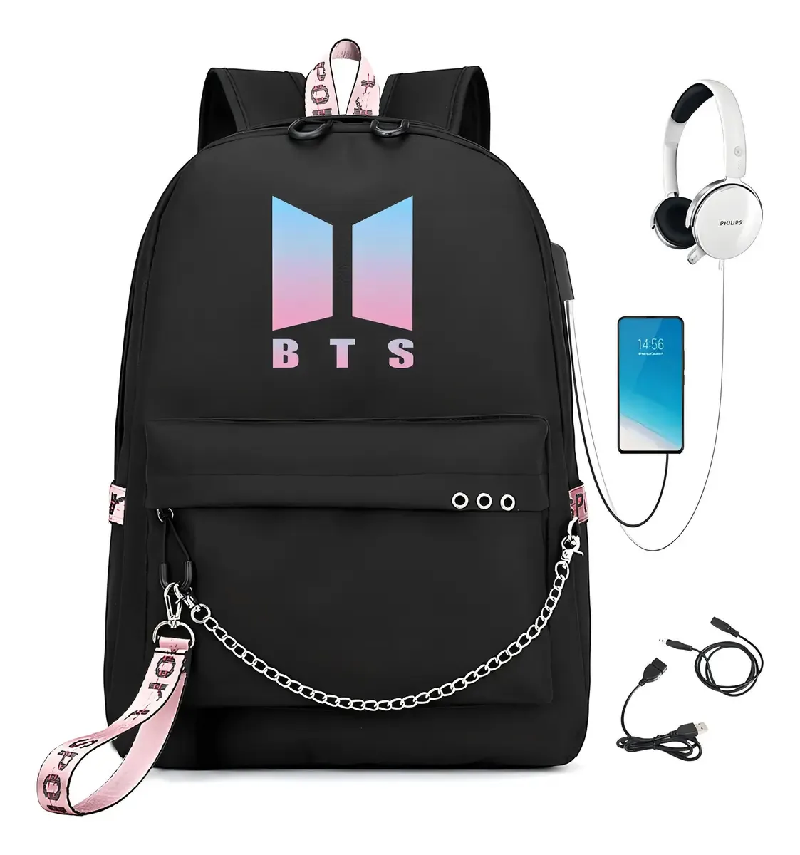 Mochilas e malas Bts, malas de viagem Bt21, pretas, design de tecido, pretas