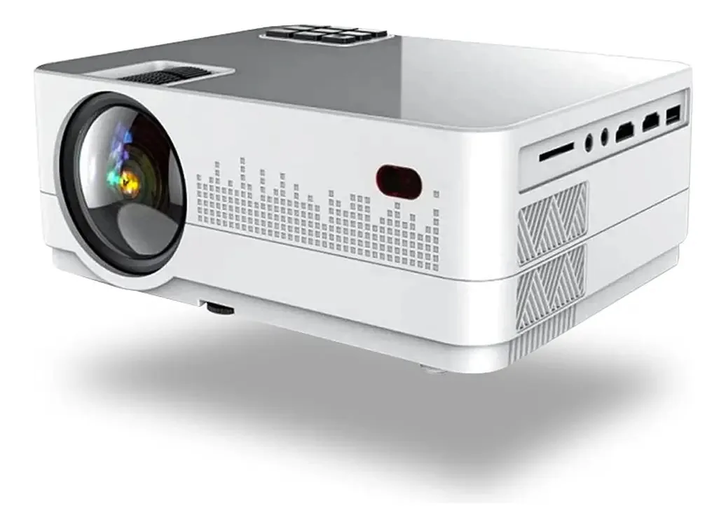 Projetor GnahuiqG LCD Branco com controle remoto e alto-falante, entradas HDMI, USB e AV, ideal para apresentações e entretenimento.