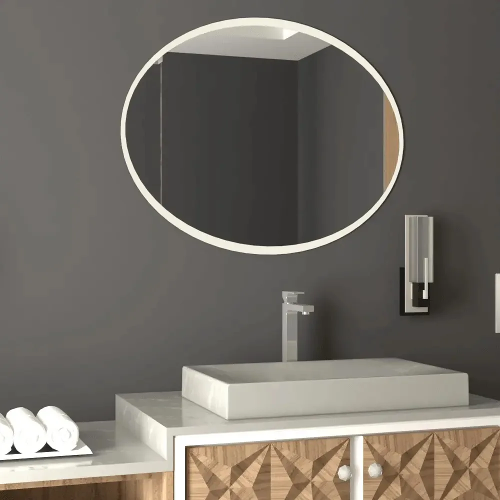 Espelho oval Horus, cinza, com bordas de jateamento, moldura cinza