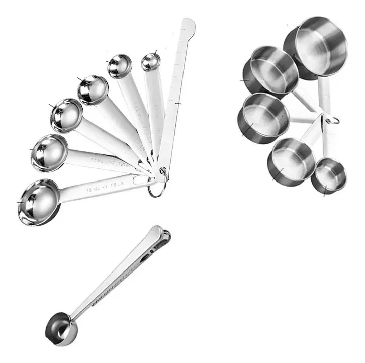 Conjunto de copos e colheres de medição, 7 colheres de medição de aço inoxidável com alça redonda, copos de medição, clipe para colher de café, ideal para cozinhar, pastelaria, gravado, nivelador...
