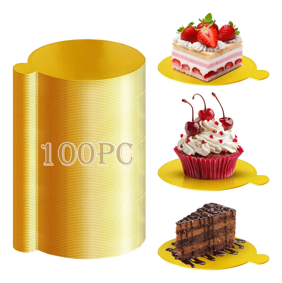 Mini bases de sobremesas 100 peças douradas para sobremesas Bases para festas Base adequada para cozinha, bases de papelão, reuniões, festas, bolos de casamento, bolos familiares e doces. Circulo...