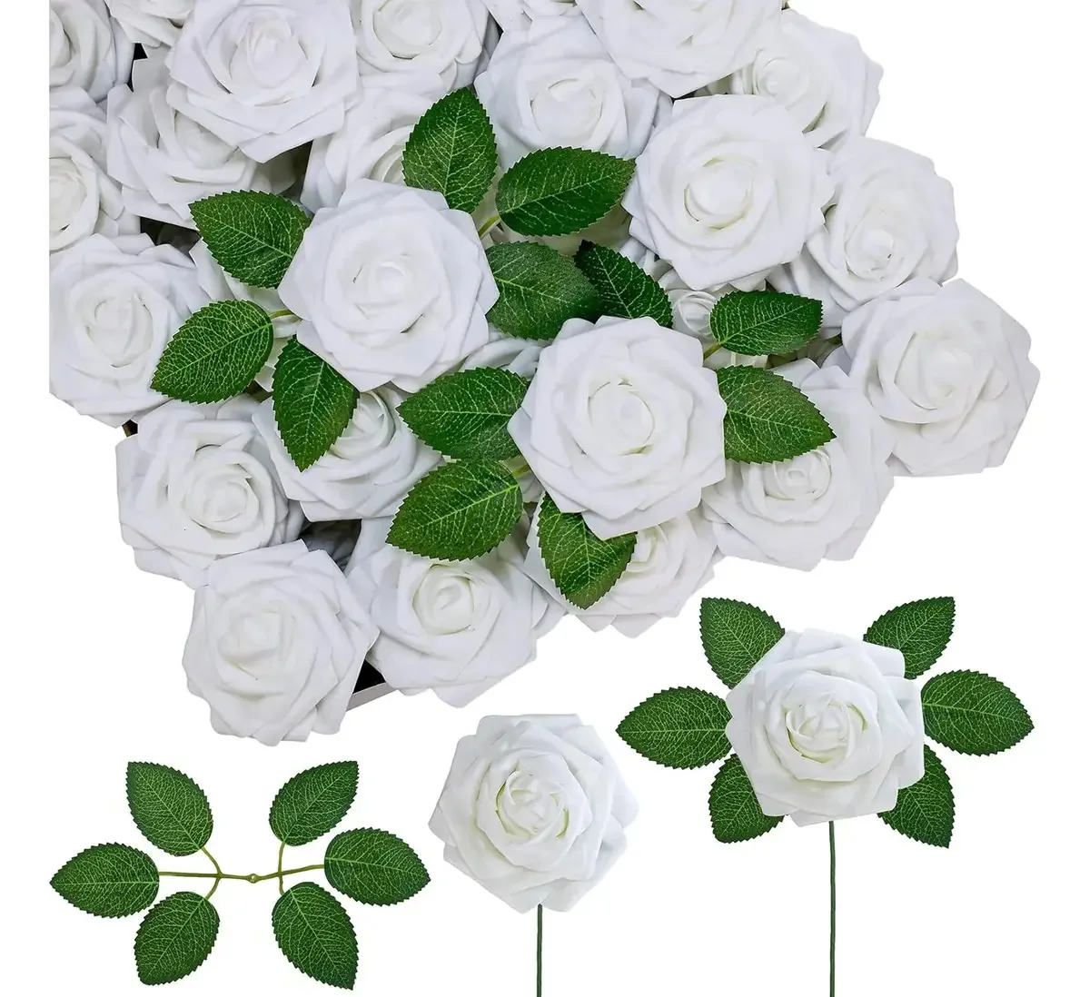 Rosas artificiais de 8 cm, 50 unidades+25 folhas: flores para decoração, flores artificiais, enfeites e decorações para casamento, rosa, flor de casamento, festa, escritório, restaurante, Dia dos...