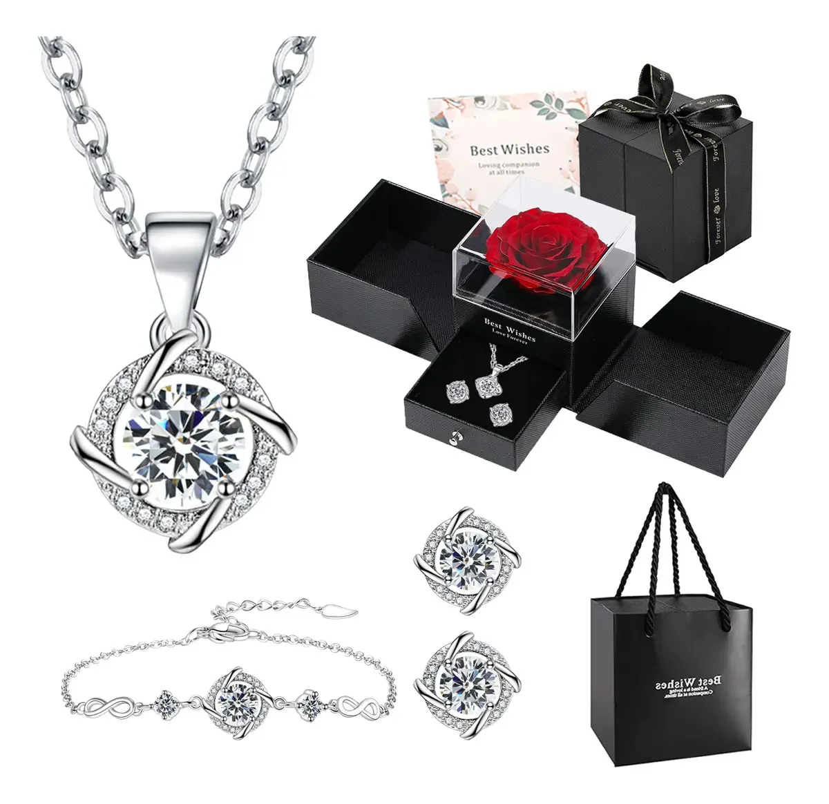 O conjunto de colares para mulheres com colar com brincos e pulseira inclui caixa de presente e cartão comemorativo, embalagem de presente para Dia dos Namorados, aniversário e presentes para mulheres