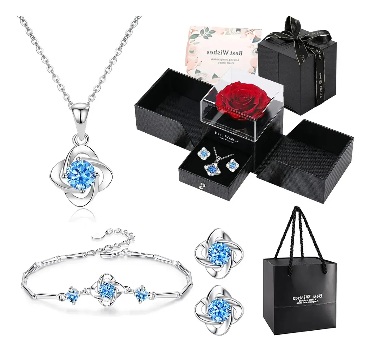 O conjunto de colares para mulheres com colar com brincos e pulseira inclui caixa de presente e cartão comemorativo, embalagem de presente para Dia dos Namorados, aniversário e presentes para mulheres