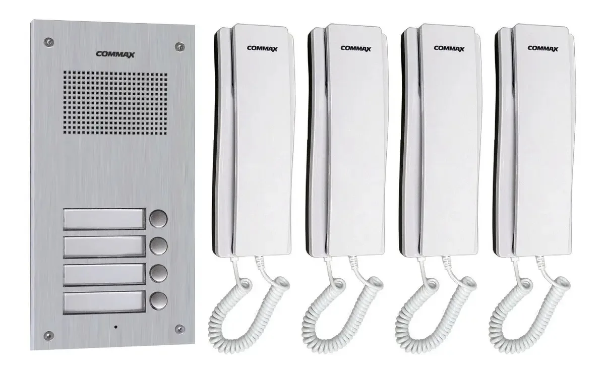 Kit de intercomunicação de áudio Commax para construção com 4 interfones, branco