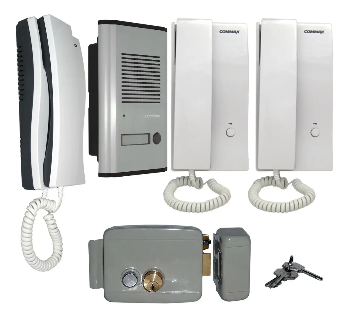 Kit de porteiro de áudio frontal com 3 interfones, revestimento prateado e fonte