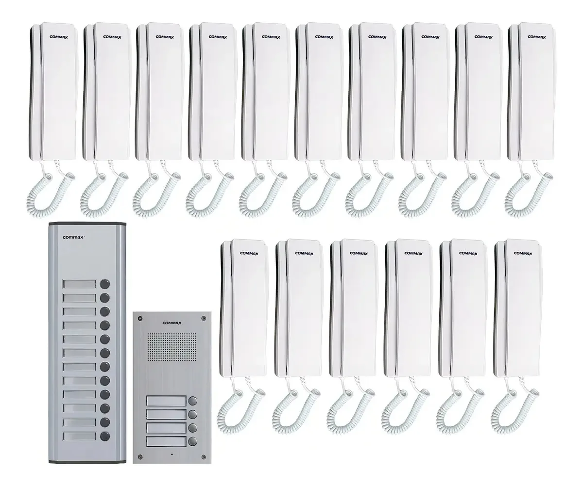 Kit de porteiro de áudio para construção e expansão com 16 interfones brancos