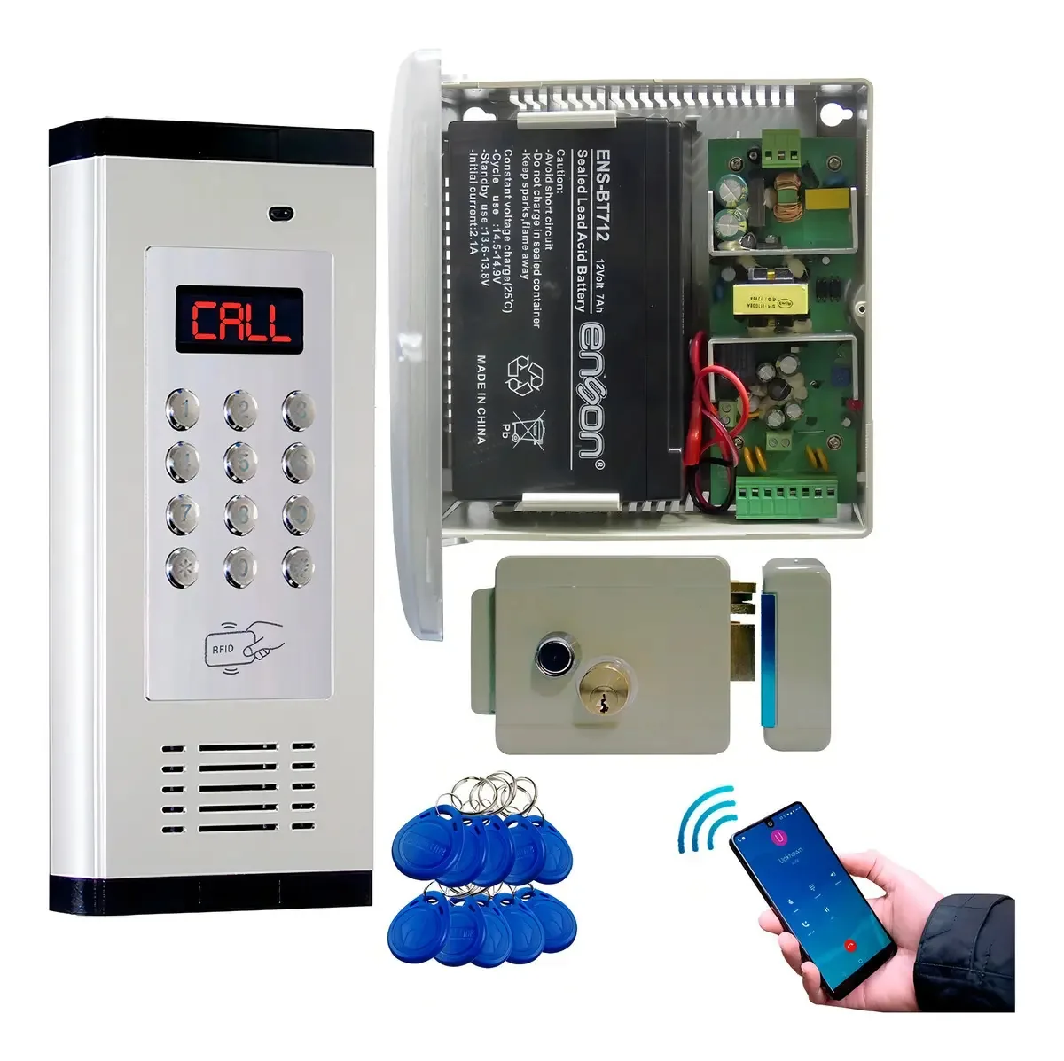 Campainha de áudio GSM 4G, 10 chaveiros, encosto, placa e fonte cinza