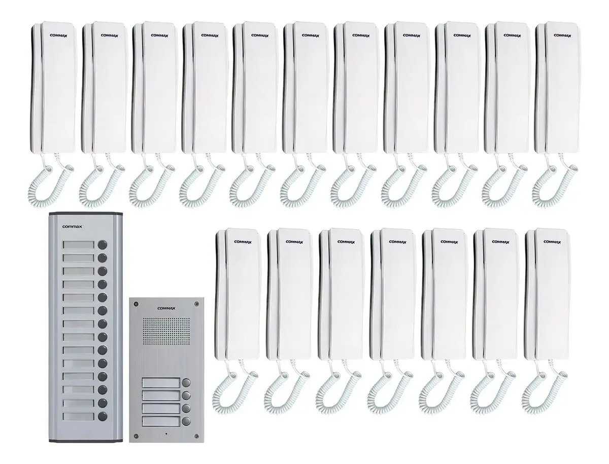 Kit de porteiro de áudio para construção e expansão com 18 interfones brancos