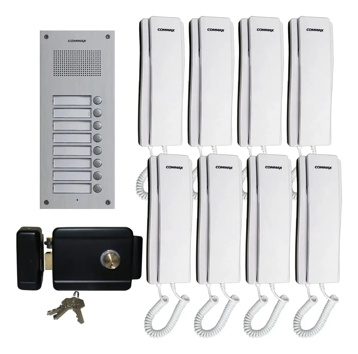 Intercomunicador de áudio Commax para construir 8 interfones e placa branca