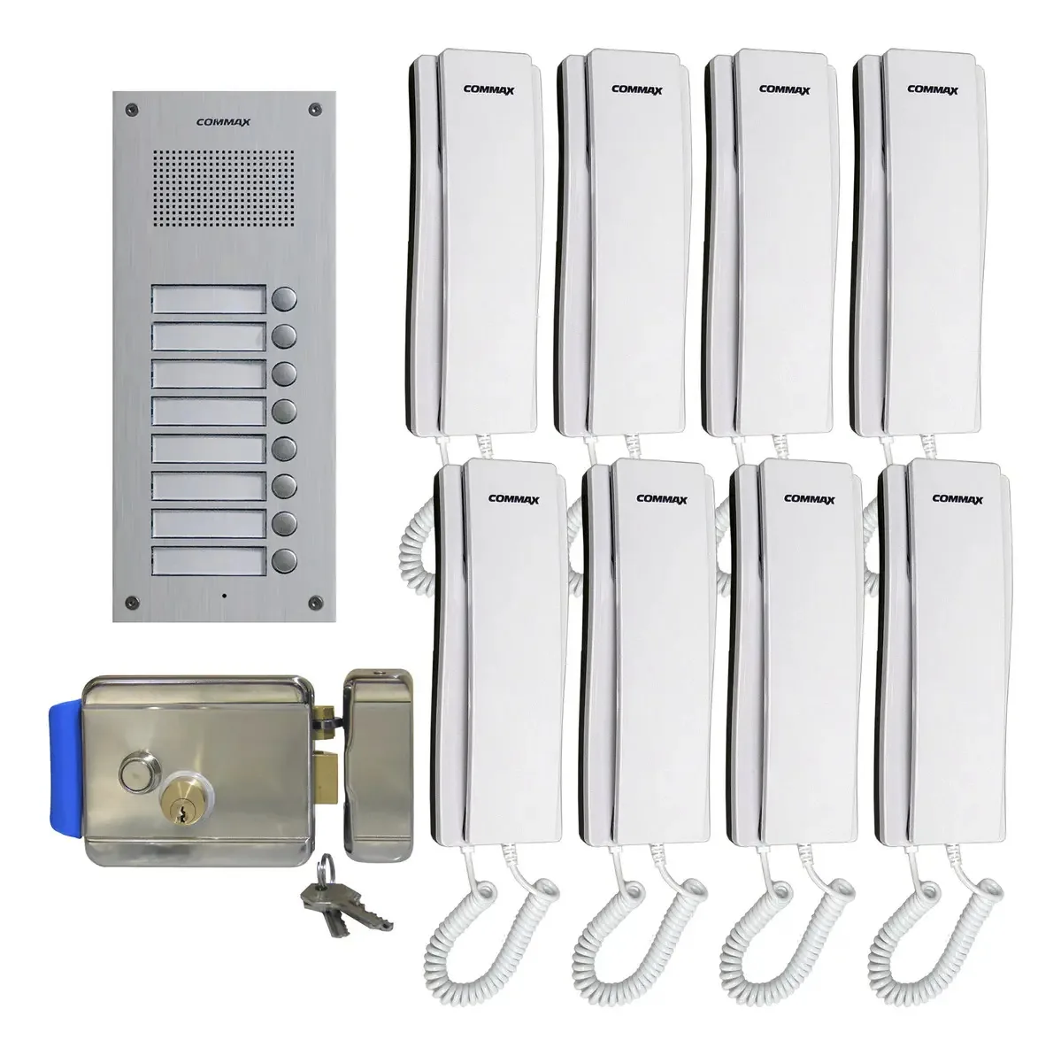 Intercomunicador de áudio Commax para construir 8 interfones e placa branca