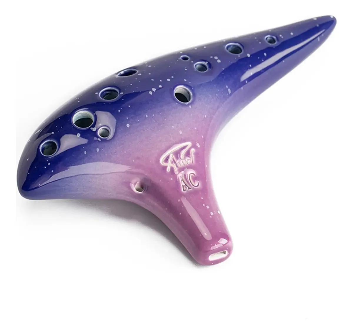 Ocarina, 12 furos, cerâmica, formato de batata-doce, roxa alta