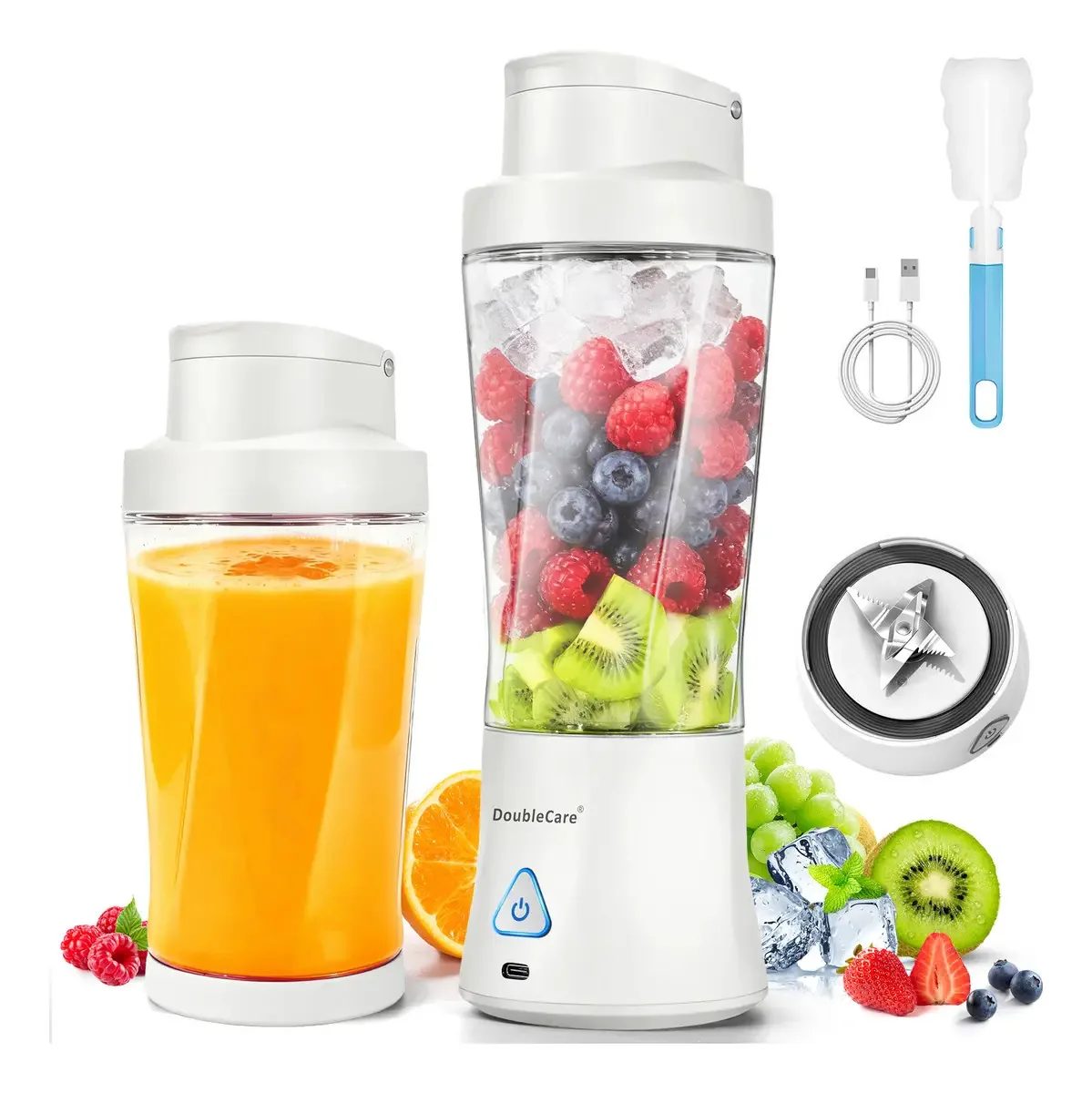 Liquidificador portátil de 700 ml, 6000 mAh, copo de liquidificador portátil ideal para batidos e smoothies com 6 lâminas afiadas, tampa hermética com bocal de bebida, recarregável por USB-c, branco