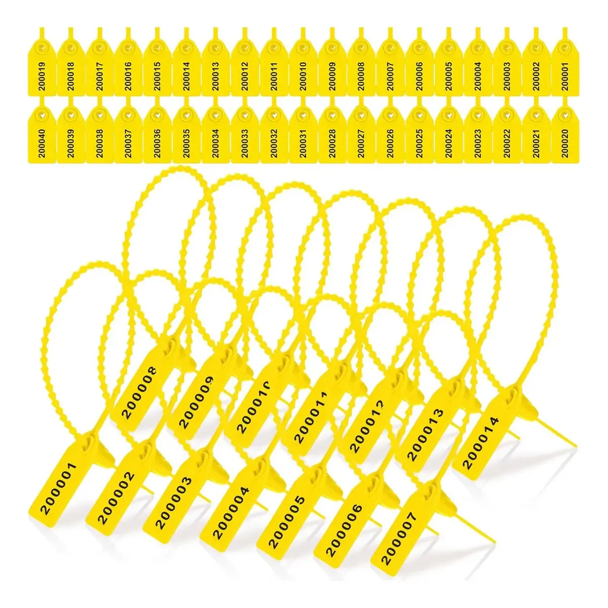 Selos de segurança plásticos numerados Cclkc 500 Yellow de 25 cm | Selos de travamento automático antiadulteração para extintores de incêndio, bagagens, portas, logística e controle de acesso