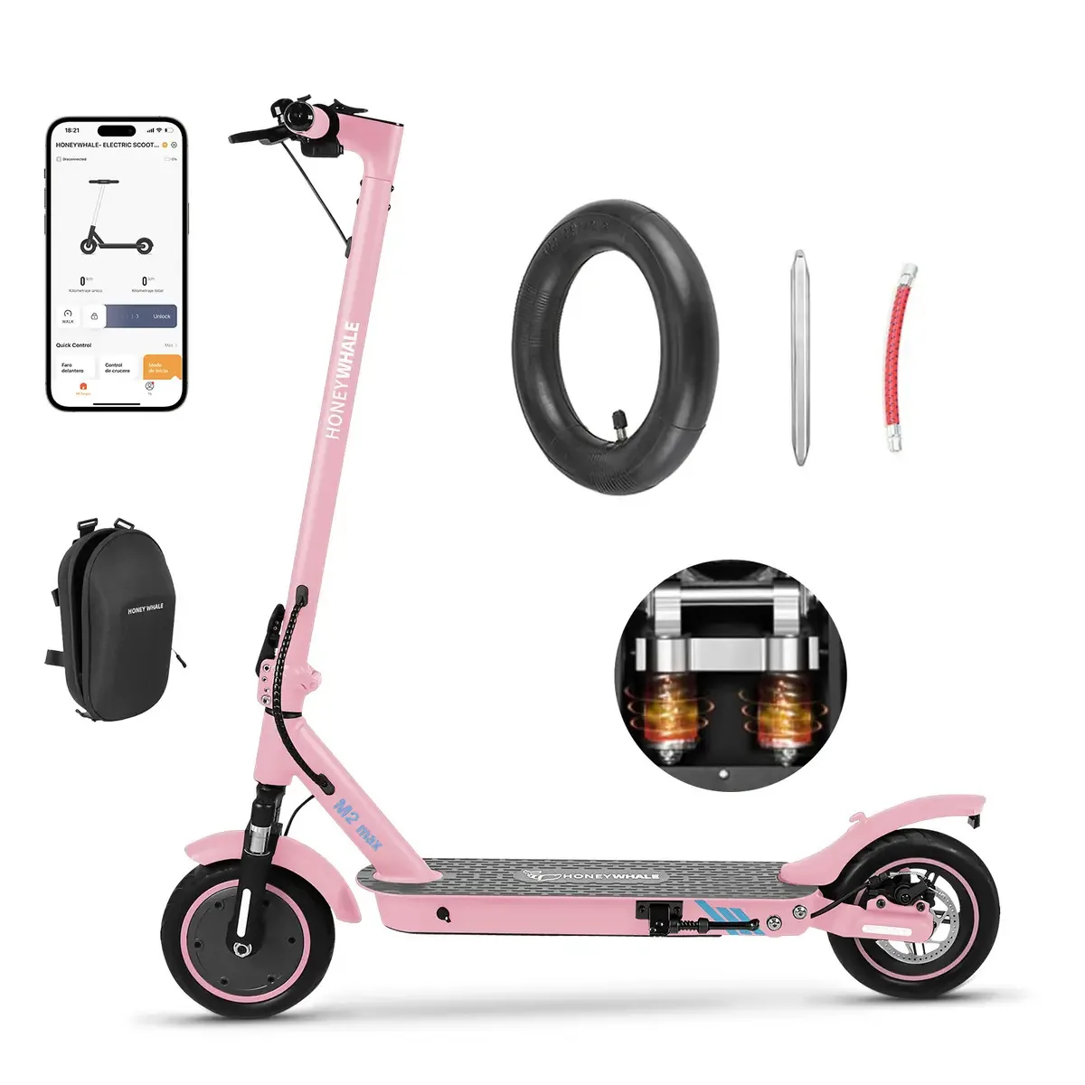 HONEYWHALE M2 MAX Patinete Elétrico Adulto, 500W Scooter Eletrica com Sistema de Suspensão Dupla, Velocidade Máxima de 32KM/H, Autonomia de 22KM,Patinete Juvenil Dobrável com Aplicativo Bluetooth Rosa