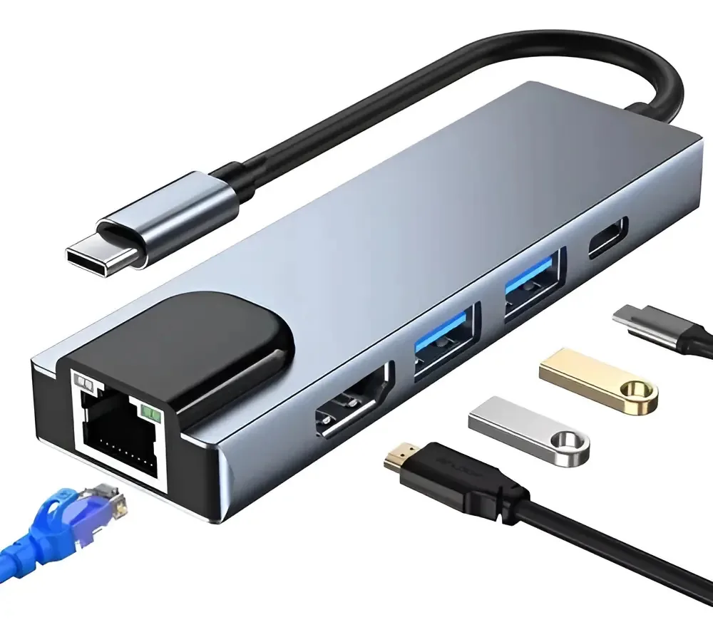Adaptador USB-C Alan 5 Portas Prateado Proteção Sobrecarga