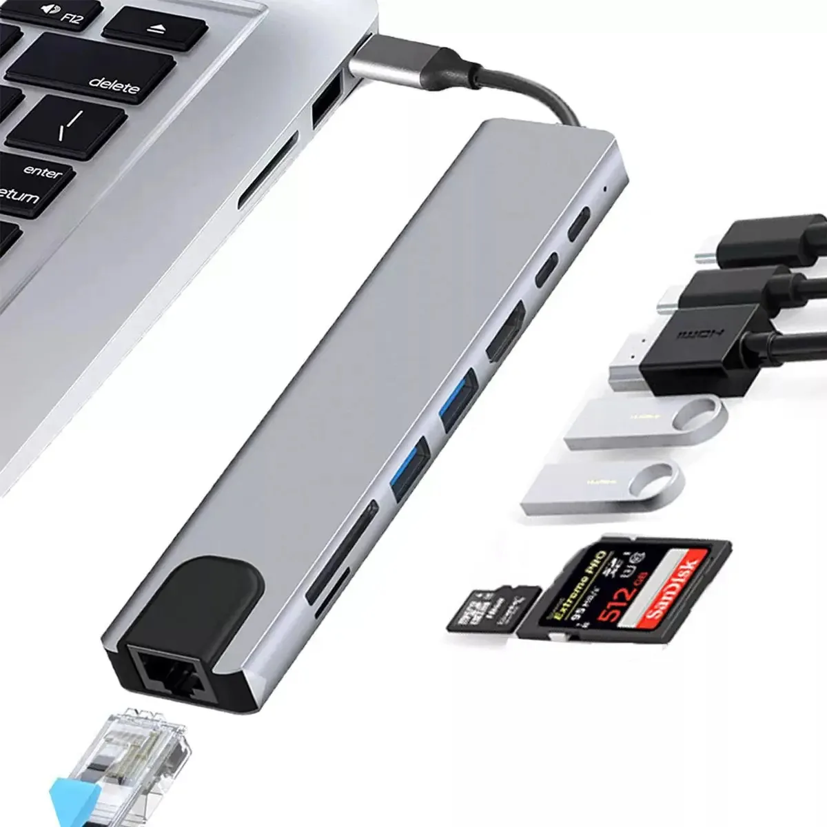 Adaptador USB C de hubs multiportas 8 em 1 Alan MKDMX00616 Prateado