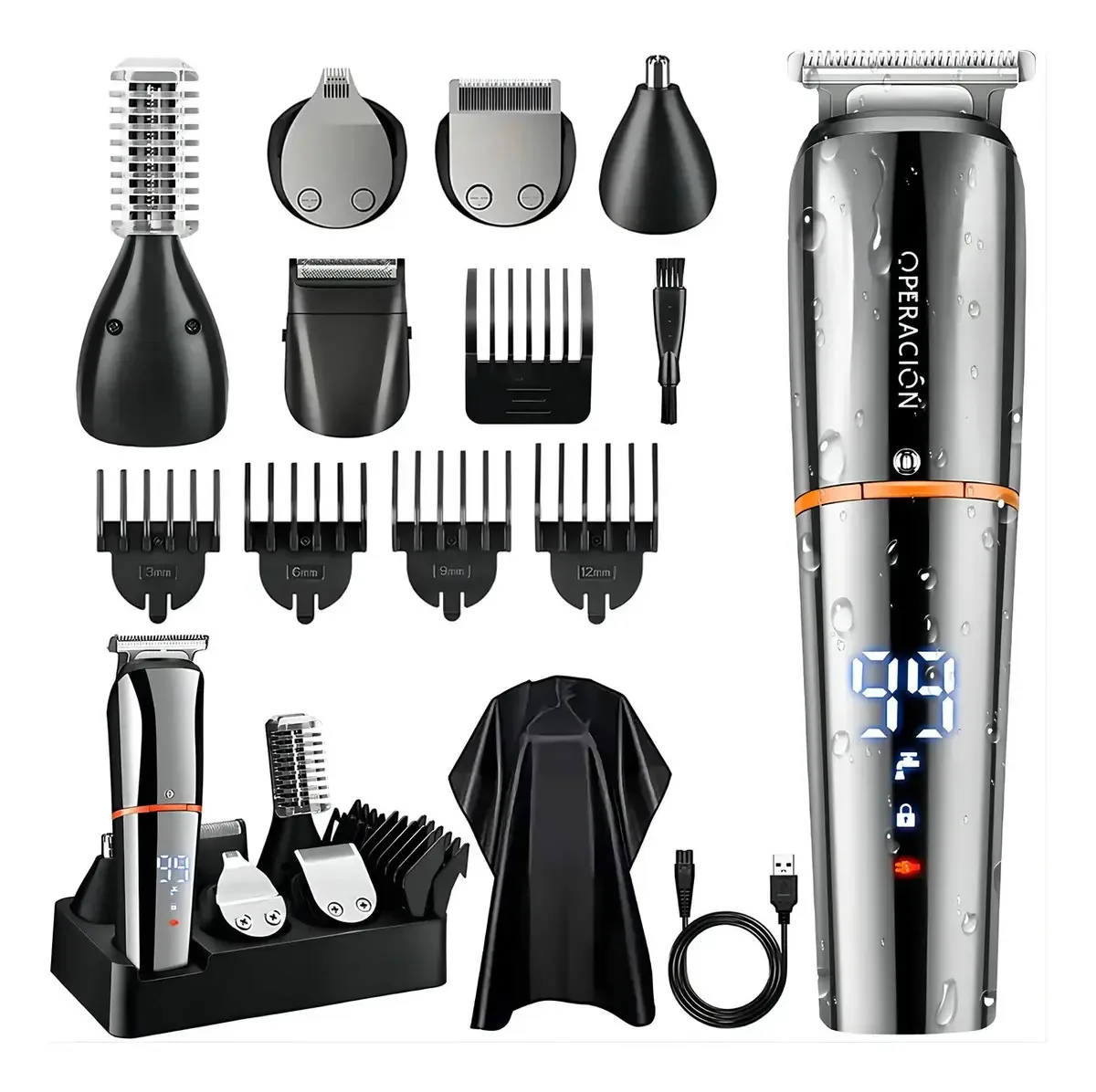 Kit de barbeador elétrico Operacion®, barbeador prateado recarregável, 6 em 1, barbeador de barba e nariz