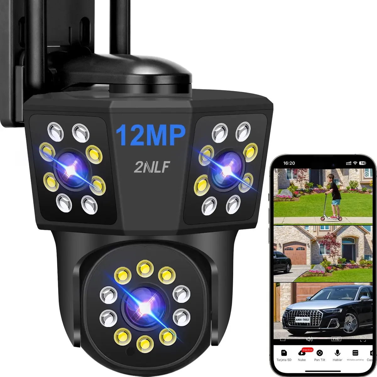 Câmera de vigilância 2nlf® 12mp com três lentes e três telas