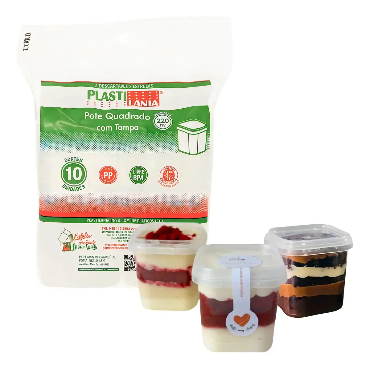 20 Potes Quadrados Plástico 220ml Com Tampa Para Doces E Bolos