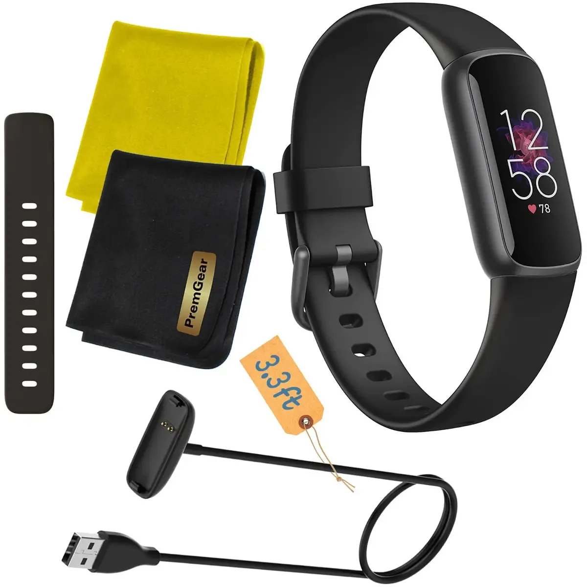 Rastreador de bem-estar e fitness Fitbit Luxe (preto/grafite) com monitor de frequência cardíaca, monitor de sono, pacote com 2 pulseiras de relógio, cabo de carregamento de 3,3 pés e 2 panos de...