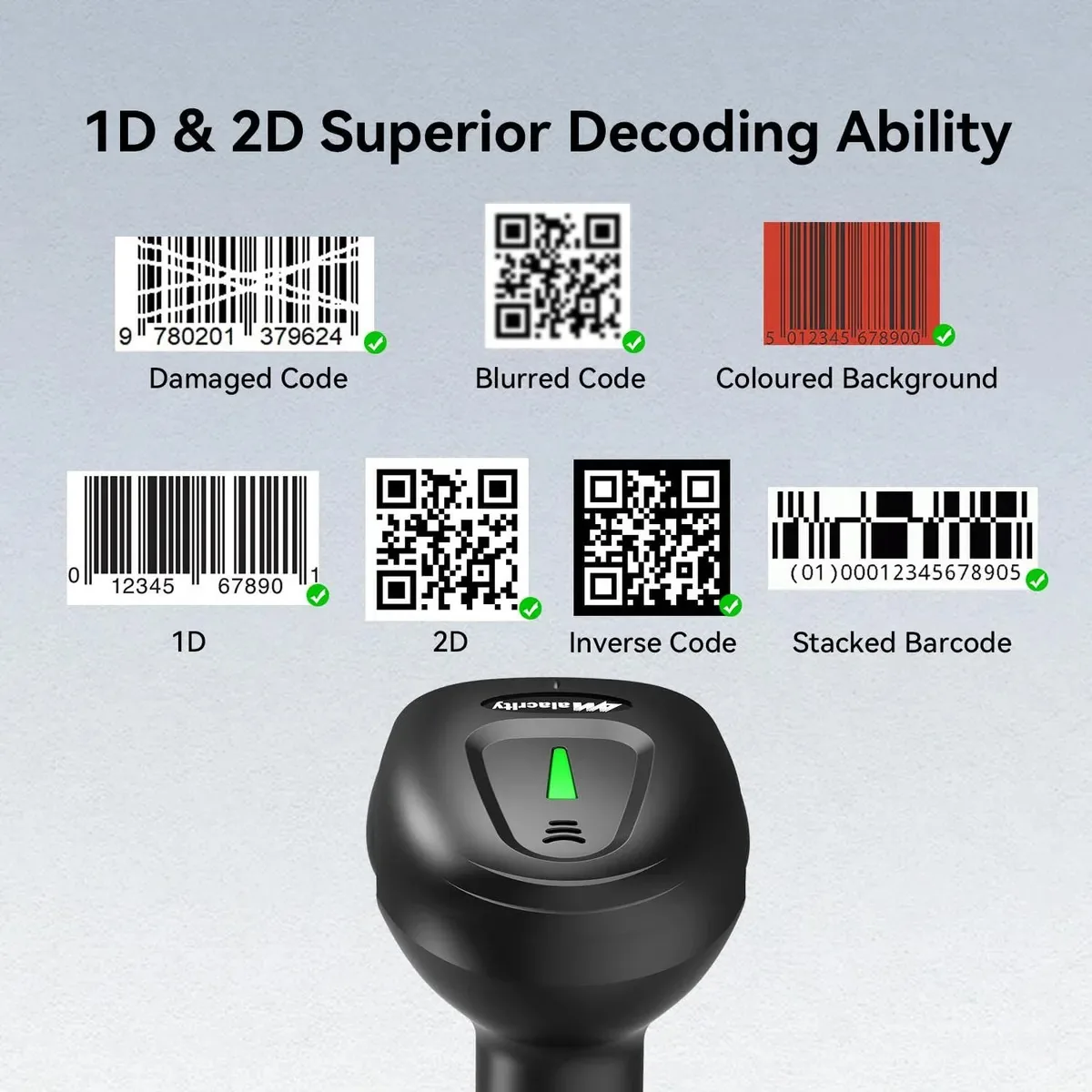 Leitor de código de barras sem fio Alacrity 2D/1D com suporte, conectividade 3 em 1: Bluetooth 2.4G sem fio, USB com fio, leitor de código de barras com modo mãos-livres e alerta.