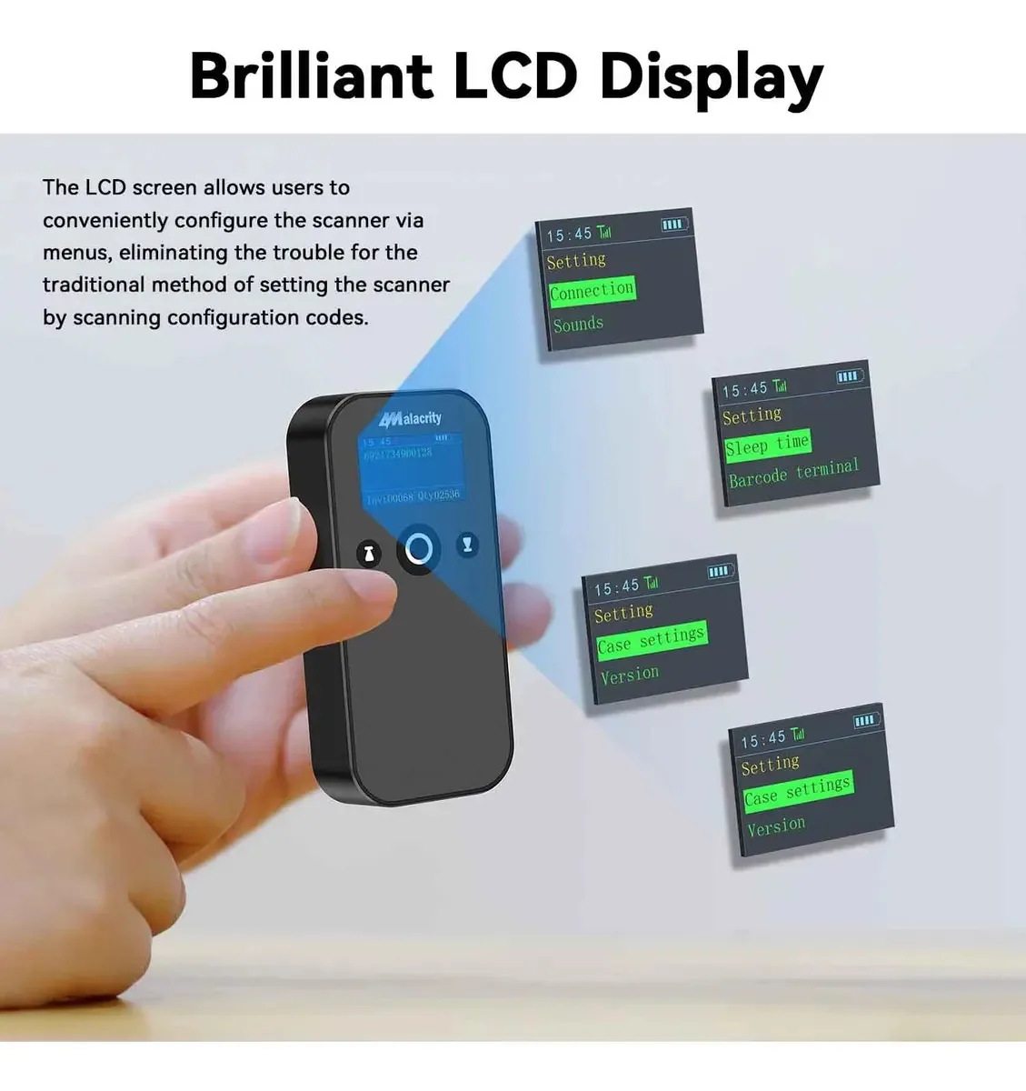 Leitor de Código de Barras Sem Fio Portátil Alacrity 1D 2D com Tela LCD, Bluetooth 2.4 GHz Cabo USB 3 em 1, Leitores de Código QR Leves para Computador, Tablet e Telefone