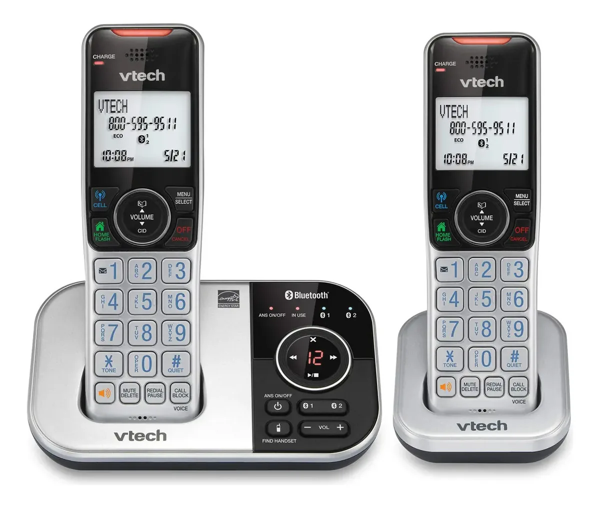 Vtech Vs112-2 Dect 6.0 Telefone Sem Fio Bluetooth 2 para Casa com Secretária Eletrônica, Bloqueio de Chamadas, Identificador de Chamadas, Intercomunicador e Conexão à Célula (prateado e preto)