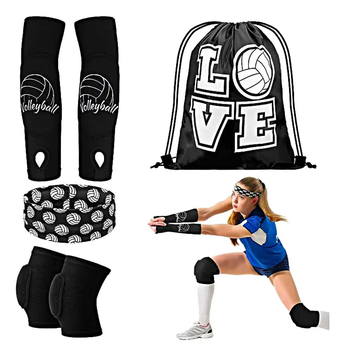 4 peças de acessórios de voleibol, joelheira, braço, bandanas