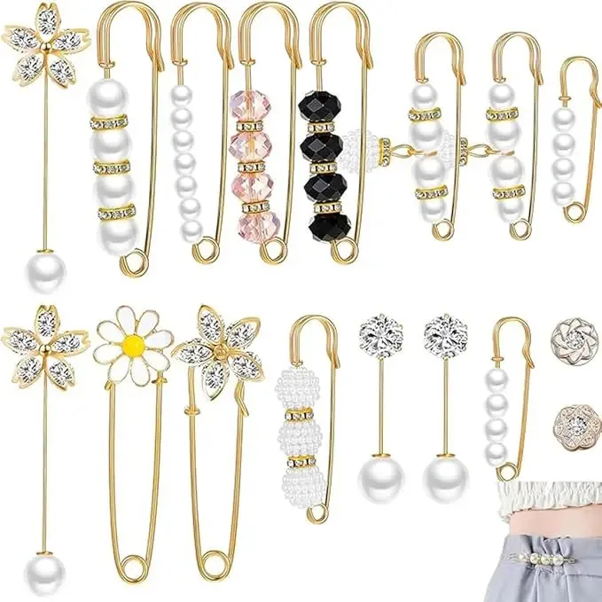 Broche, 17 peças, tipo suéter, com clipe de pescoço, broches sintéticos de pérolas duplas para mulheres, botões para cobrir moda, roupas, vestidos, acessórios decorativos, calças