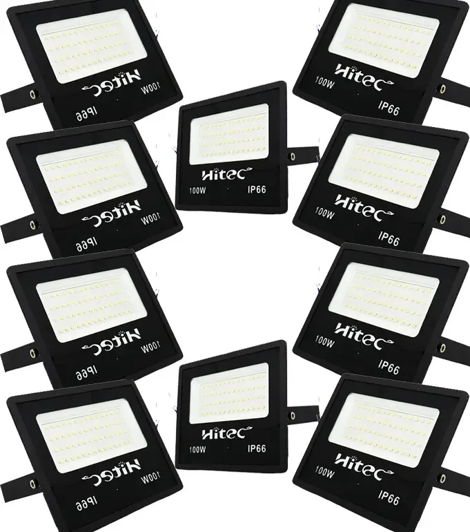 Kit 10 Refletores LED 100W 6500K IP66 Hitec Preto Economia 80%