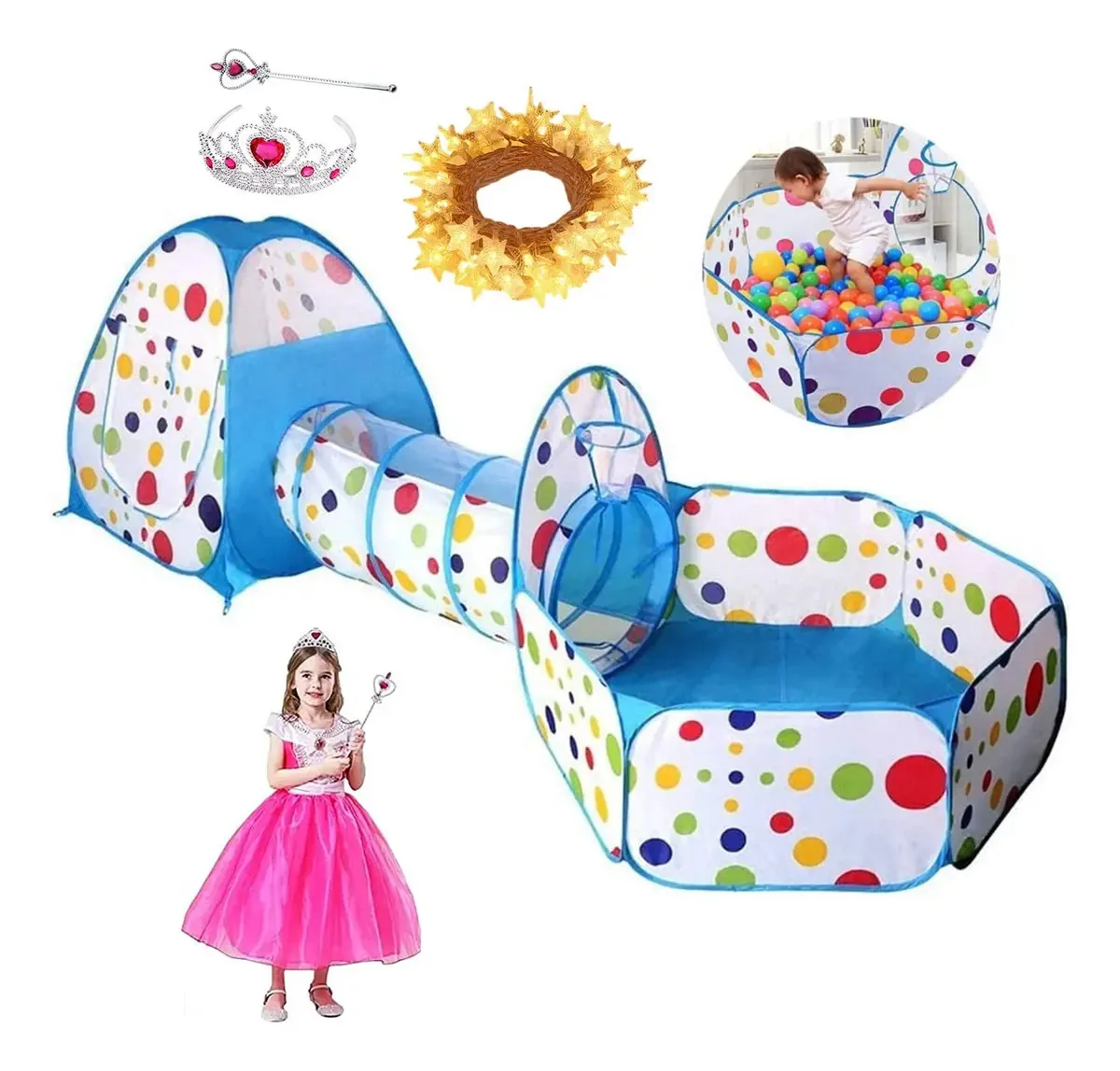 Hakoo 3 em 1 Casas de Jardim para Crianças Casas Túnel para Meninas - Barracas de Acampamento Jardim Piscinas de Bolinhas para Crianças, com Luzes de Estrelas, Tiara e Varinha Acessórios (não...